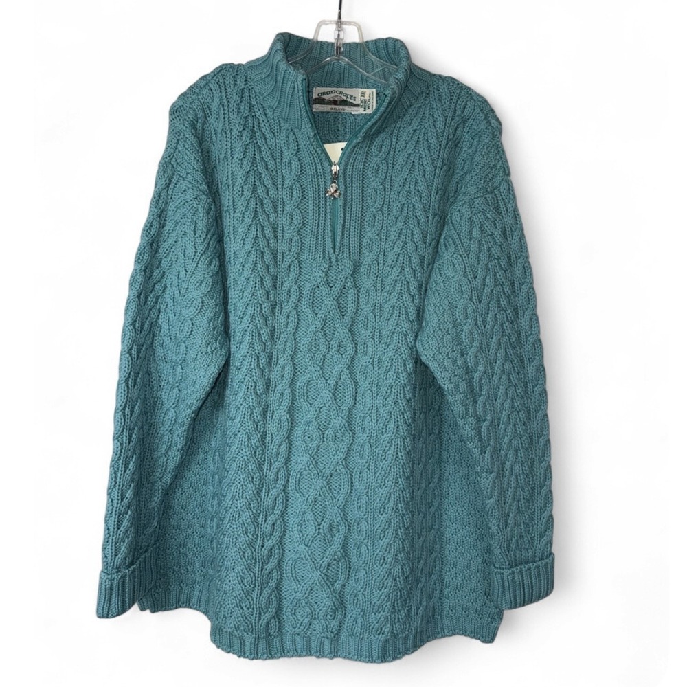 NWT Aran Crafts Ireland Sweater XXL Teal 100% Merino Wool Cable Knit 1/4 Zip - Picture 2 of 6